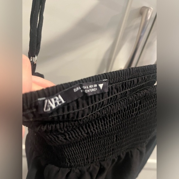 ZARA MIDI DRESS Spaghetti Straps SMOCKED TOP Solid Black dress Sz. L linen visco - Picture 3 of 6